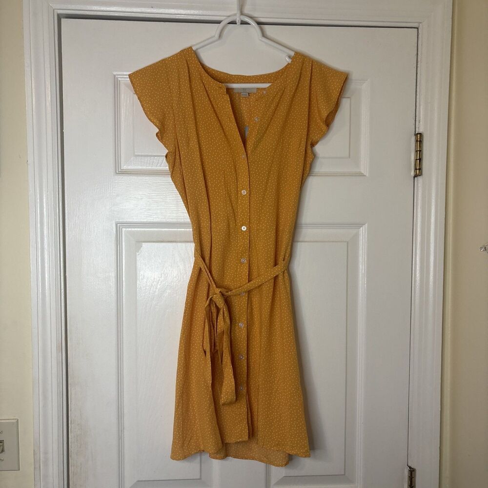 Loft Outlet Womens 00P Yellow Polka Dot Button Up Front Sleeveless Dress Sash